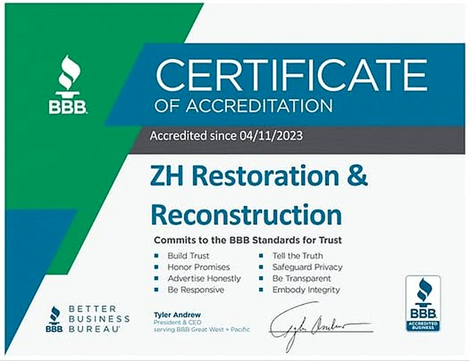 BBB Certificate of Accreditation for ZH Restoration & Reconstruction